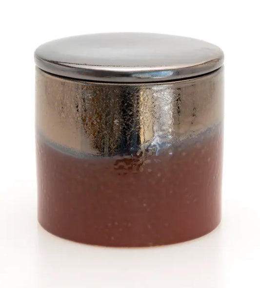 Ceramic Bronze & Burgundy wood wick candle The Antler Candle Company