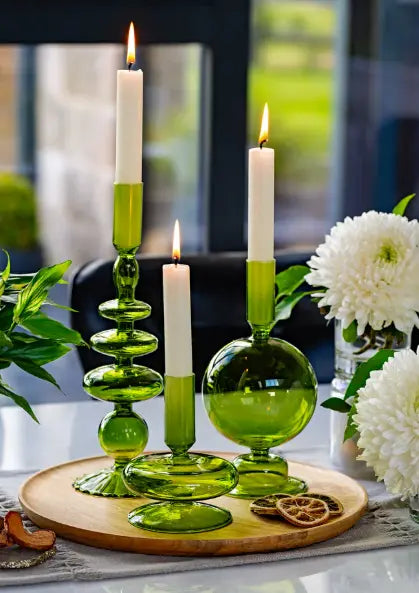 Set of 3 Green Candle holders - Candles included The Antler Candle Company