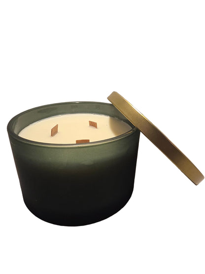 Frosted Green 3 wick candle with Gold lid