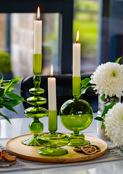 Set of 3 Green Candle holders - Candles included